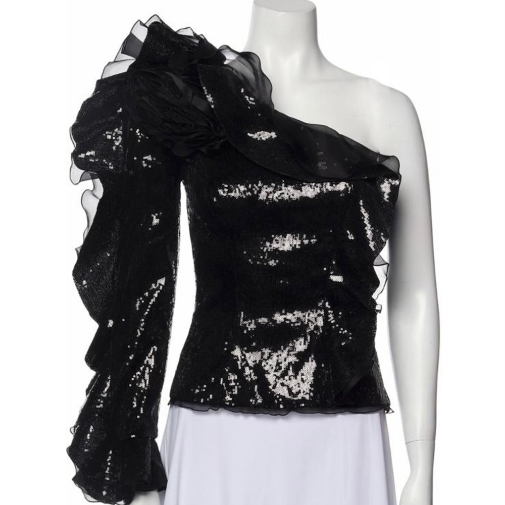 One Shoulder Ruffled Sequin Top In Black - Picture 3 of 4